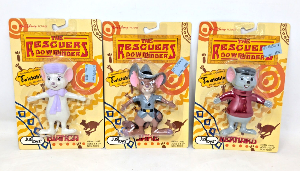 3 THE RESCUERS DOWN UNDER BERNARD JAKE BIANCA FIGURES JUST TOYS 1990 NEW DISNEY